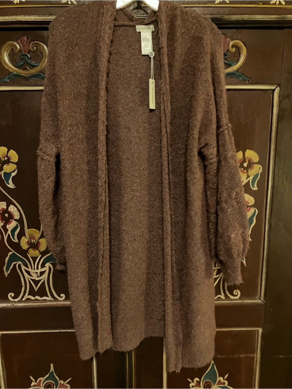 Max Studio Cozy Open-Front Off-Shoulder Sweater Cardigan - Brown